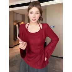 批发红色假两件挂脖U领针织衫冬季显瘦内搭外穿长袖上衣