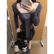 批发撞色假两件扭结系带灰色长袖打底衫女秋<b class='q'>冬</b>高级感修身纯欲内搭上衣