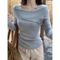 批发蓝色一字肩长袖针织衫女款春秋毛衣内搭设计感<b class='q'>修身</b>短款打底衫上衣