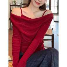 批发2025秋冬新款<b class='q'>一字肩</b>修身针织毛衣减龄显瘦针织<b class='q'>上衣</b>假两件打底衫女