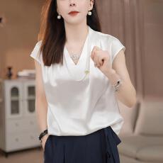 批发<b class='q'>百搭</b>白色v领醋酸上衣女士时尚短袖夏季装新款法式飞飞袖小衫