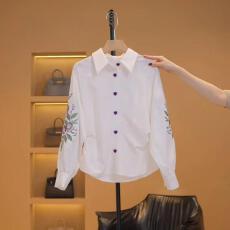批发重工<b class='q'>刺绣</b>衬衫女士长袖小衫春秋新款收腰显瘦<b class='q'>上衣</b>法式白色翻领衬衣