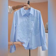 批发不规则蓝色重工刺绣衬衫女春<b class='q'>秋</b>新款时尚宽松休闲洋气百搭开衫上衣
