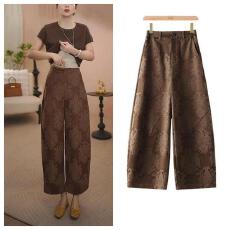 批发新中式提花阔腿裤女装春秋季新款国风时尚直筒裤子宽松九分休闲裤