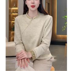 批发国风秋冬立领九分袖常规款保暖毛衣复古长袖<b class='q'>时尚</b>钉珠春秋加厚中式