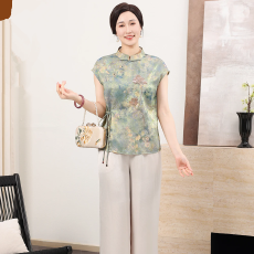 批发江南故事<b class='q'>妈妈装</b>新中式晕染提花盘扣无袖套装立领斜襟国风上衣