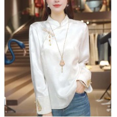 批发国风新中式<b class='q'>时尚</b>刺绣上衣女装长袖春秋新款立领衬衫百搭打底衬衣潮