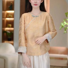 批发新中式<b class='q'>上衣</b>宽松女轻国风时尚百搭新款玉石彩扣七分袖衬衫