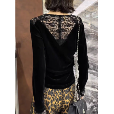 批发甜美圆领蕾丝边拼接丝绒长袖T恤女2025秋季新款褶皱修身时尚上衣