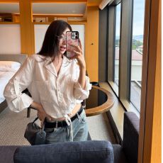 批发韩系条纹西装领短袖衬衫<b class='q'>夏季</b>抽绳宽松气质衬衣小众