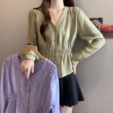 批发法式春秋荷叶边设计感小众<b class='q'>衬衫</b>女长袖<b class='q'>时尚</b>遮肉内搭褶皱显瘦上衣潮