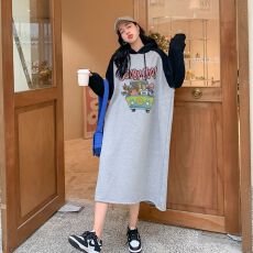 批发仿棉华棉复合<b class='q'>牛奶</b><b class='q'>丝</b>290克秋季宽松肥胖长款连帽插色卫衣<b class='q'>连衣裙</b>