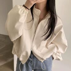 批发韩国chic秋季小众帅气立领拉链大口袋设计抽绳系带<b class='q'>机车</b><b class='q'>皮衣</b>外套女