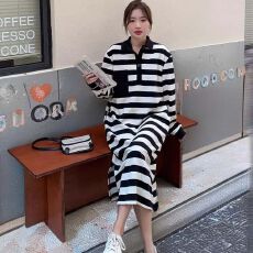 批发两侧口袋 <b class='q'>黑白</b>条纹长袖polo<b class='q'>连衣裙</b>宽松休闲慵懒卫衣T恤裙