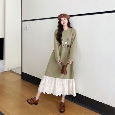 批发华棉复<b class='q'>牛奶</b><b class='q'>丝</b>宽松长款拼绣花边毛线钩花卫衣裙长袖<b class='q'>连衣裙</b>