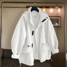 批发300斤大码连帽冲锋衣外套男<b class='q'>春</b>秋纯色工装设计感百搭宽松夹克风衣