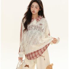 批发微透轻薄罩衫格子拼接长袖<b class='q'>T</b><b class='q'>恤</b>女2025新款宽松<b class='q'>翻领</b>上衣ins潮