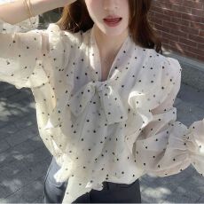 批发波点长袖薄款打底蕾丝打底衫蝴蝶结雪纺衬衫女装衬衣上衣春<b class='q'>秋</b>女士