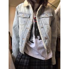 批发美式复古羊羔毛水洗牛仔外套男女冬季加保暖厚高级感翻领工装<b class='q'>夹克</b>