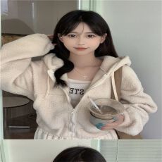 批发拉链连帽羊羔毛绒卫衣<b class='q'>外套</b>女春秋冬设计感宽松小个子运动短款上衣