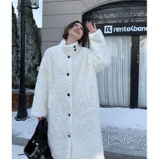 批发韩版羊羔毛外套长款大衣过膝设计感仿兔绒皮草加厚宽松立领