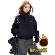 批发美式复古机能风夹克外套女秋冬季立领上衣高级感户外加绒冲锋风衣