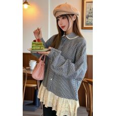 批发hollyii 韩系甜美花边拼接<b class='q'>娃娃领</b>叠穿磨毛格纹<b class='q'>衬衫</b>女上衣新款