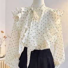 批发法式气质高级感荷叶边<b class='q'>波点</b>长袖<b class='q'>衬衣</b>女秋季温柔风绑带别致<b class='q'>衬衫</b>上衣