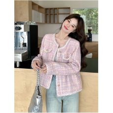 批发粉色小香风外套春秋女2025新款韩系甜美名媛风减龄粗花呢短款上衣