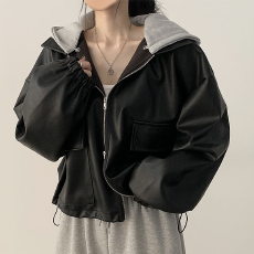 批发韩国chic<b class='q'>秋</b>冬复古洋气拉链大口袋休闲宽松百搭短款连帽皮衣外套女