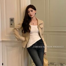 批发复古鹿皮绒立领长袖夹克外套女秋季美式机车服宽松<b class='q'>设计</b>感气质上衣