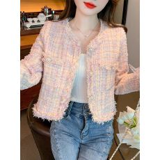 批发2025新款高档小香风外套 碎边五彩粉 宽松百搭外贸爆款