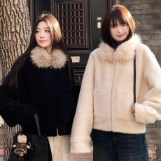 批发气质仿羊羔毛长袖外套女冬季2025新款设计感宽松显瘦拉链<b class='q'>开衫</b>上衣
