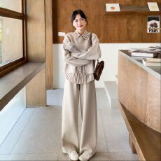 批发胖mm秋季大码时尚显瘦遮肉卫衣套装女条纹<b class='q'>衬衫</b>阔腿裤三件套300斤