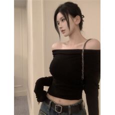 批发一字领长袖内搭灰色<b class='q'>t</b><b class='q'>恤</b>女秋季辣妹紧身露肩打底短款不规则上衣ins