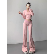 批发慵懒风软糯条纹控入秋正肩<b class='q'>短款</b>连帽<b class='q'>卫衣</b>女垂坠感阔腿休闲裤两件套