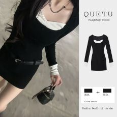 批发辣妹风纯欲性感黑色针织长袖<b class='q'>连衣裙</b>女装秋季新款假两件收腰短裙子