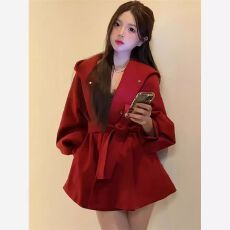 批发新年红色高端时尚女装毛呢外套冬季新款小个子中长款连帽呢子大衣