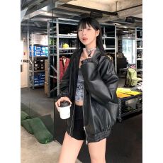 批发国潮牌美式复古黑色棒球服皮衣女春季设计感甜酷风宽松皮夹克外套