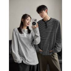 批发美式复古条纹亨利领T恤男女潮牌<b class='q'>情侣装</b>正肩<b class='q'>长袖</b>上衣
