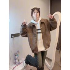 批发原版面料美式复古棕色翻领外套<b class='q'>女</b>春秋款仿麂皮绒PU高级夹克上衣