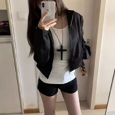 批发双层有里布美式复古辣妹黑色新款立领短款外套修身显瘦夹克上衣