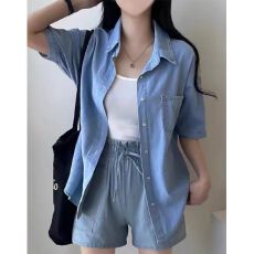批发高级感仿<b class='q'>牛仔</b>套装女夏季宽松休闲运动服短袖衬衫短裤两件套小个子