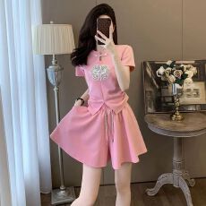 批发时尚高档夏季多巴胺中式国风套装超仙清新通勤短袖两件套遮肉<b class='q'>女装</b>