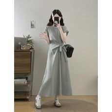批发大码胖mm设计感系带收腰连衣裙女2026夏季时尚洋气显瘦<b class='q'>休闲</b>T恤裙