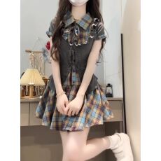 批发法式学院风蓝色格纹连衣裙子女<b class='q'>夏</b>季2026新款气质辣妹收腰短裙套装