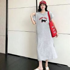 批发韩系慵懒风夏季印花直筒裙百搭短袖<b class='q'>连衣裙</b>飞飞袖