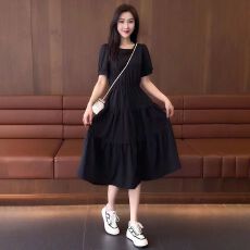 批发夏季短袖<b class='q'>连衣裙</b>女中长款2025新款气质显瘦收腰<b class='q'>时尚</b>高腰圆领裙子