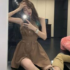 批发法式辣妹<b class='q'>衬衫</b>挂脖连衣裙女小个子后背<b class='q'>蝴蝶结</b>无袖收腰polo裙