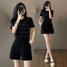 批发仿棉斜纹拉架 时尚运动服套<b class='q'>装</b>女夏季新款短袖<b class='q'>上衣</b>气质短<b class='q'>裤</b>两件套